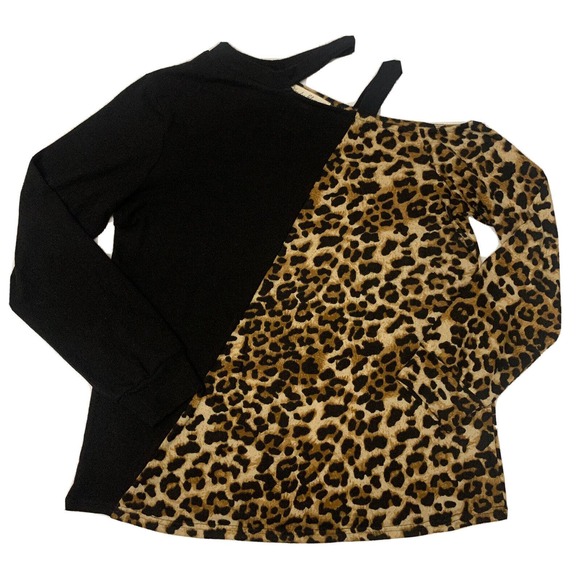 Women's Colorblock Leopard Cold Shoulder Top - Black/Animal Print Size Medium - Picture 10 of 11